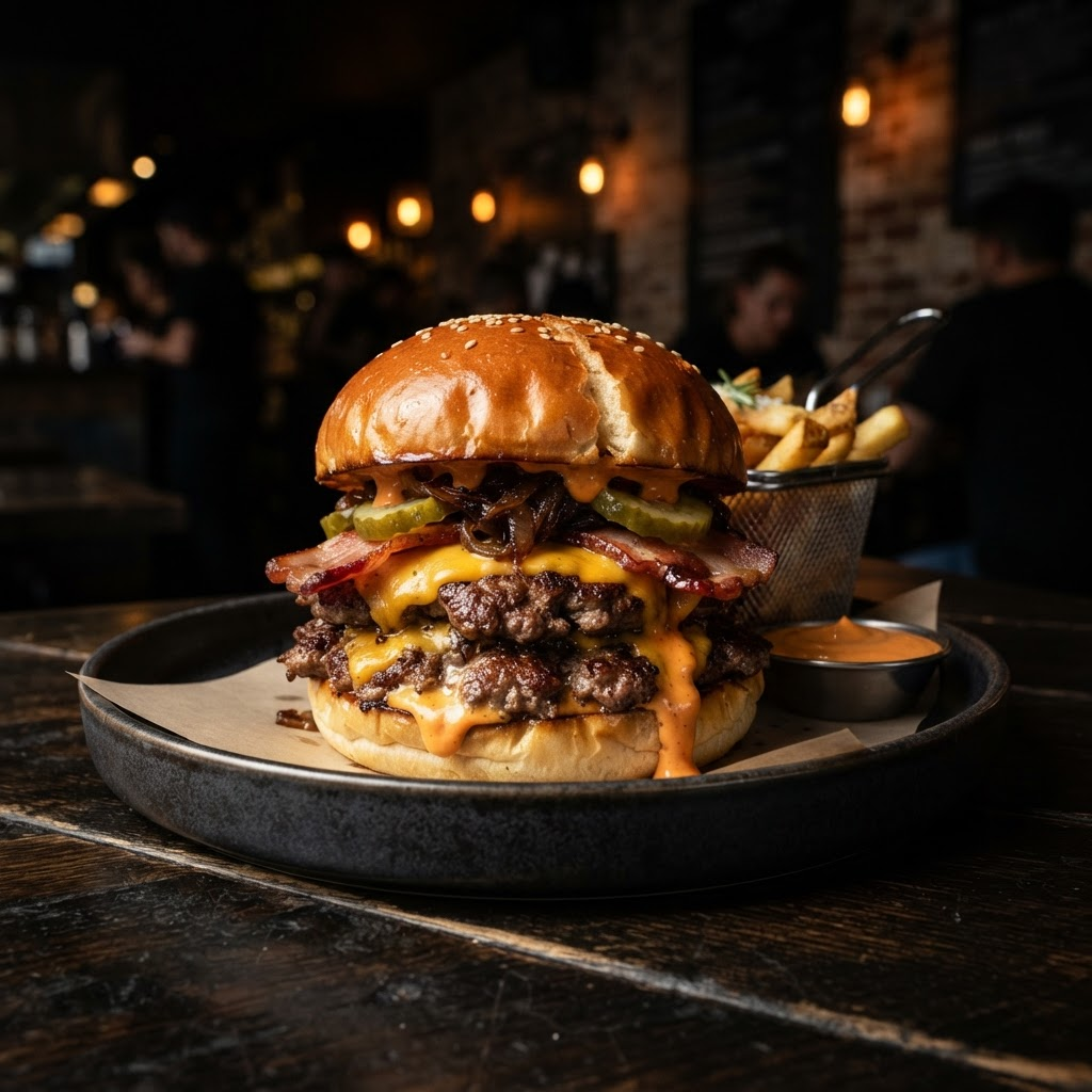 The King Hippo double beef burger with cheddar and bacon